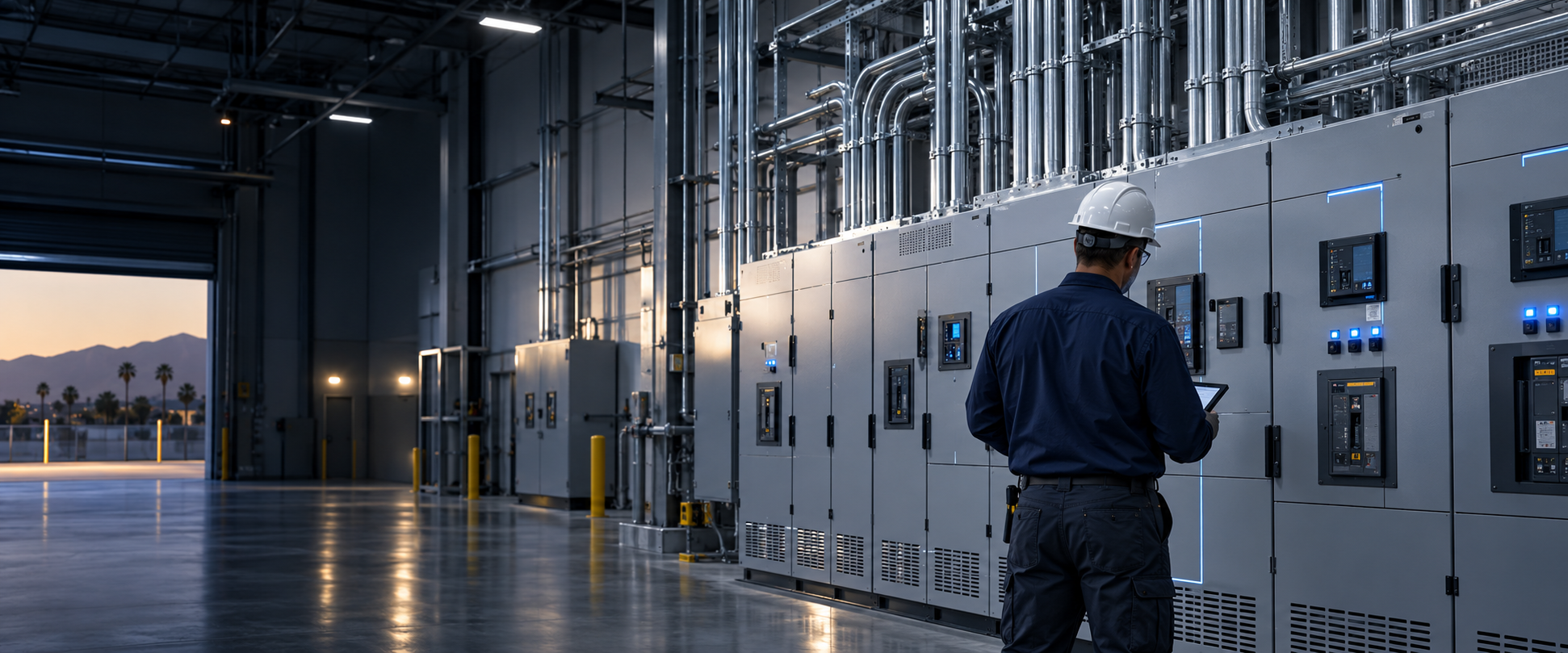 PowerVerse electrician working inside a modern electrical switchgear room